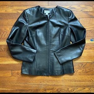 Talbots leather collarless zip front black jacket